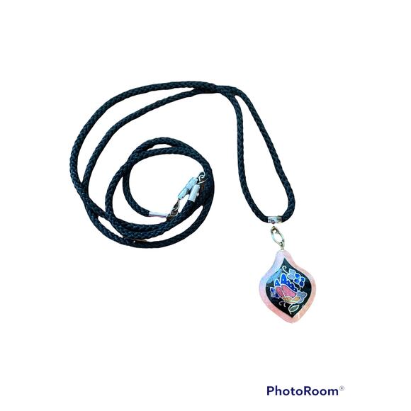 Vintage Cloisonne Floral Black Rope Victorian Pendant Necklace ~Chinese - Picture 1 of 7